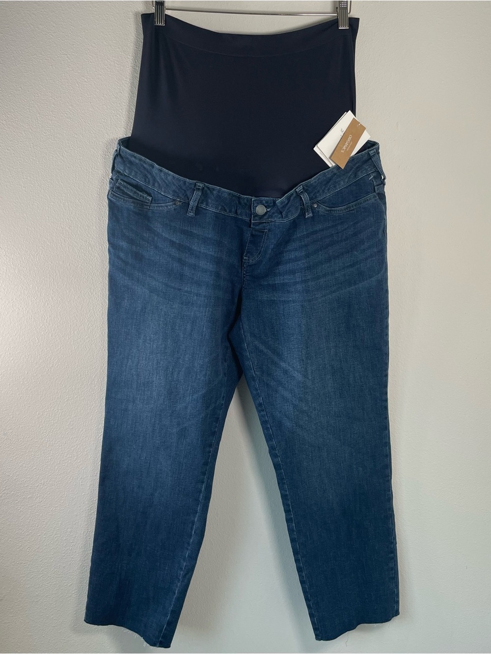 NEW Seraphine Maternity Jeans Blue Over Bump Size 14 Ryder Tapered Frayed Hem